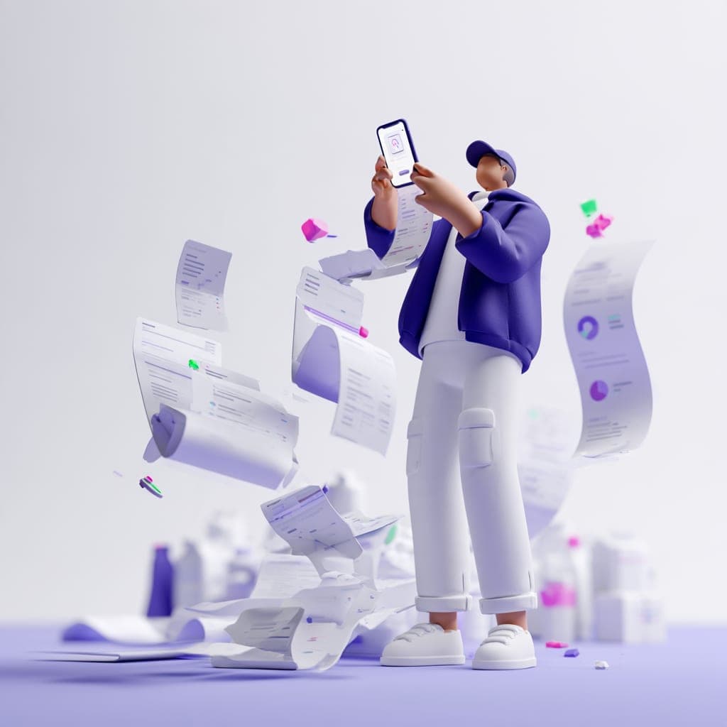 3D illustration of a person scanning a receipt with a phone as receipts float around