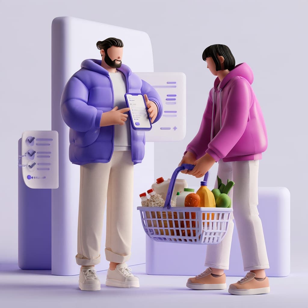 3D illustration of two shoppers planning a list on a phone with a basket of groceries