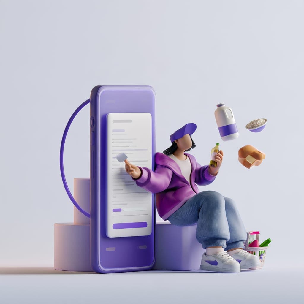 3D illustration of a shopper checking a shopping list on a phone